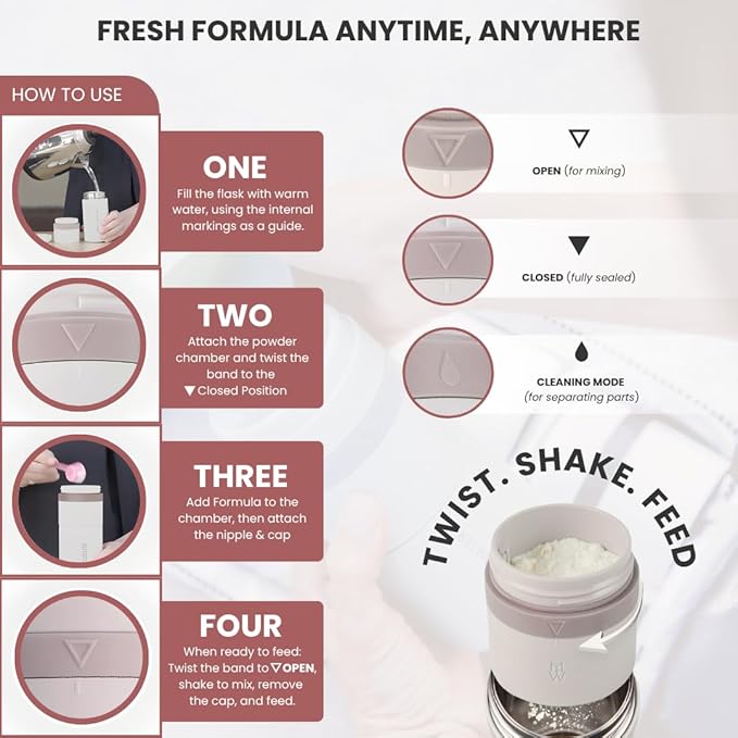 MILK & WATER All in One Baby Bottle & Baby Formula Dispenser On The Go, 9oz - Keeps Water Warm & Formula Fresh - Baby Formula Mixing Bottle with Anti Colic Nipple - Leak-Proof - 6+ Months (Pink)