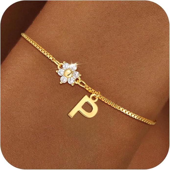 C-leen Gold Initial Bracelets for Women Girls - 18K Gold Plated Flower CZ Initial Bracelet Teen Girl Gifts Trendy Stuff Dainty Gold Bracelets for Women Girls Trendy Jewelry Gifts