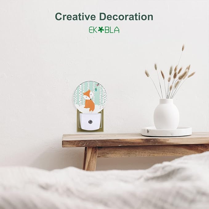 EKOBLA Winter Night Light Cute Fox and Bird Snow Birch Trees Wonderland Night Lights Plug into Wall Auto on Off LED Lamp for Girls Boys Room, 0.5W Nightlight Sleep Friendly