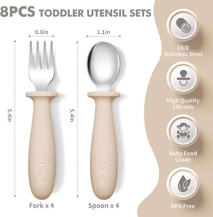 DRKIO 8 Pieces Toddler Utensils Set - Kids Silverware Set with Silicone Handle Children Safe 18/8 Stainless Steel Forks and Spoons Anti-Choke Design Food Grade Dishwasher Safe