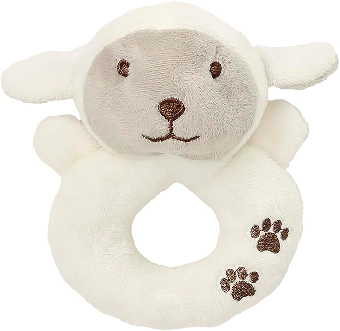CREVENT Cozy Plush Baby Loveys for Baby Girls Boys, Stuffed Animal Ring Rattle Shaker Toy for Newborns (Ring Sheep)