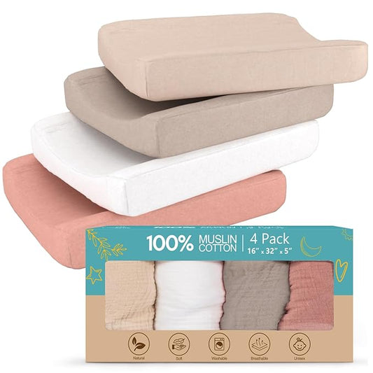 100% Muslin Changing Pad Cover Ultra Soft 120GSM Baby Changing Pad Covers for Girls and Boys - Easy wash Diaper Changing pad Cover with Low Shrinkage (4 Pack - White/Beige/Sand/Greish)