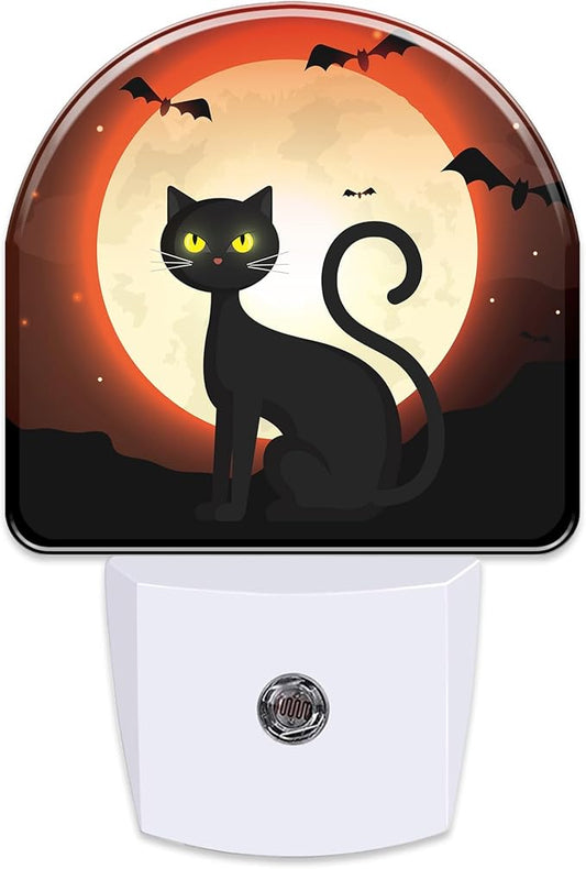 Black Cat with Full Moon Night Light, Halloween Cat Bats Dusk to Dawn Night Light Plug in,0.5w Energy Saving Sleep Friendly NightLight for Kids Boys Girls Home Decor