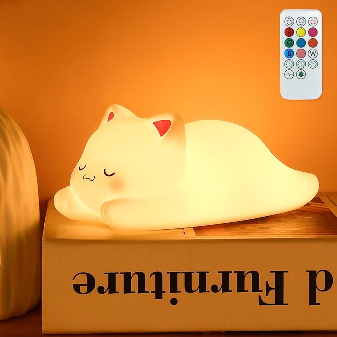 Tremdwoto Cat Night Light for Kids,Cute 7 Colors Baby Girl Squishy Night Lights Lamp with Timer Kitty Light Dimmable Nursery Lamp USB Charging Bedroom Deco Nightlight r，Gifts for Boys and Girls