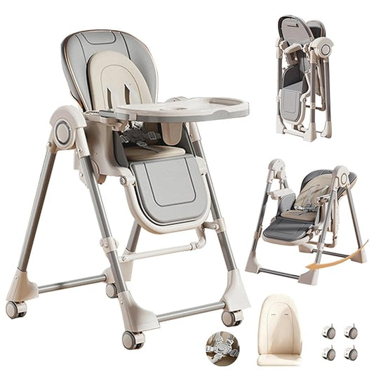 Nine point nine PU Leather Baby High Chair with Swinging Function, High Chairs for Babies and Toddlers, Removable Double Tray Baby Seat Feeding Chairs (8121 Grey)