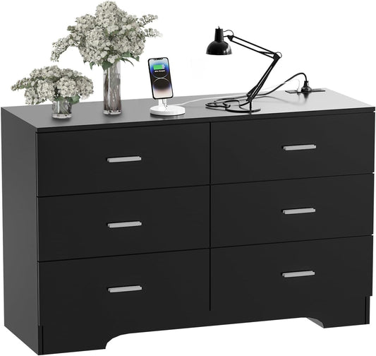 Dresser with Power Outlets Wooden 6 Drawer Dresser with USB and Type C Port Chest of Drawers for Bedroom Tall Black Organizer Storage for Living Room Hallway Closet