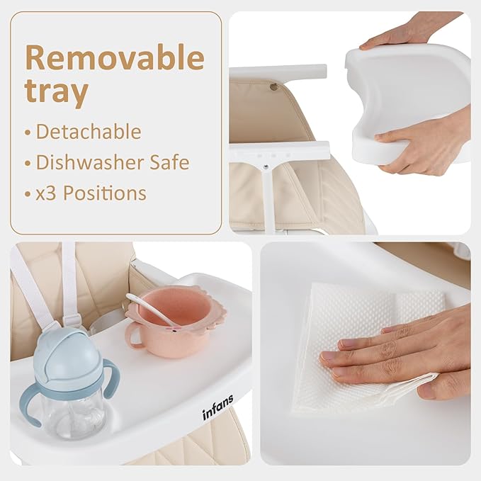 INFANS Baby High Chair, Quick Folding Portable Highchair for Babies and Toddlers with Adjustable Footrest Removable Dishwasher Tray PU Seat, Compact Highchairs for Baby Age 6-36 Months (Beige)