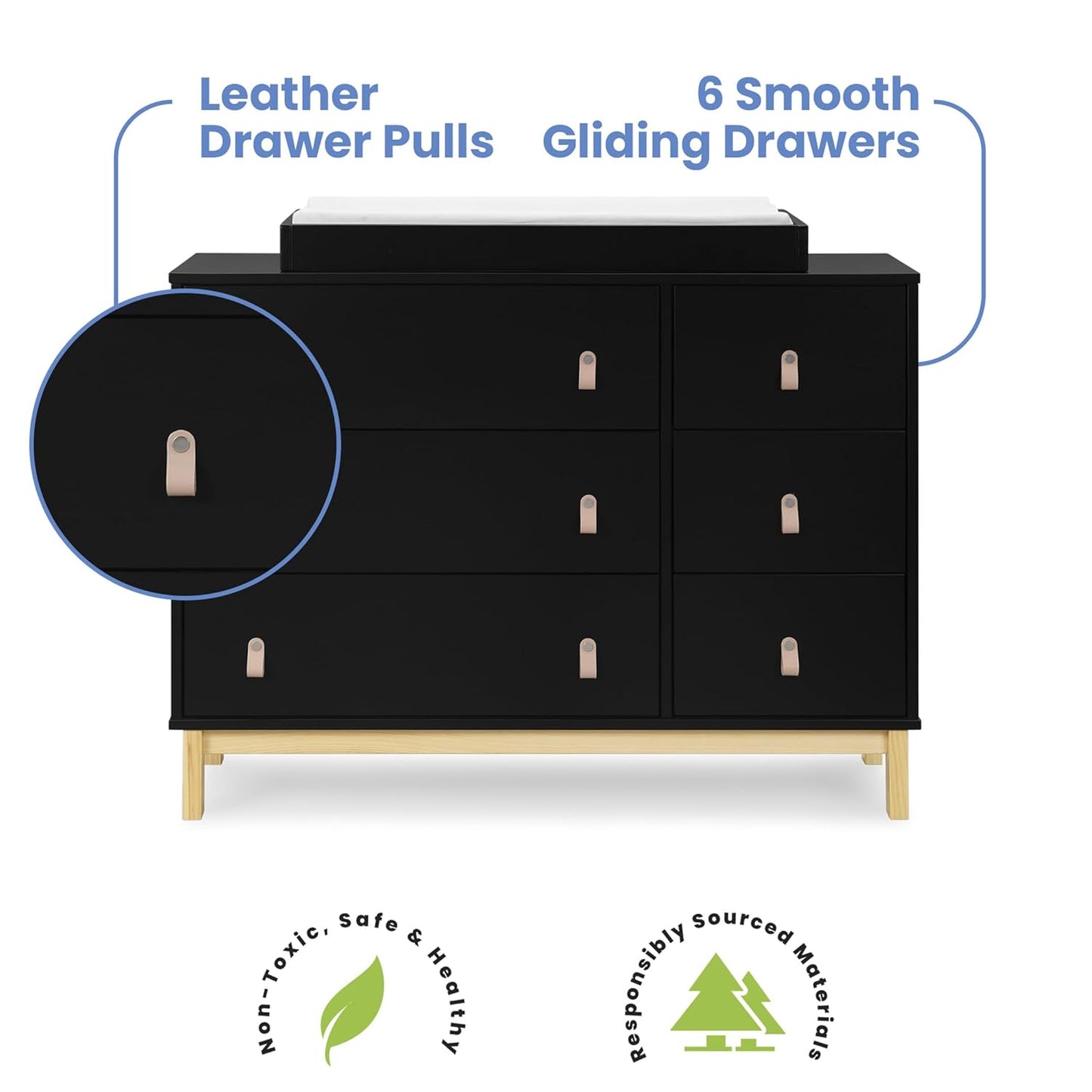 GAP babyGap Legacy 6 Drawer Dresser with Leather Pulls and Interlocking Drawers - Greenguard Gold Certified, Ebony/Natural