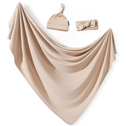 GRSSDER Newborn Blanket, Ultra Soft Jersey Receiving Blanket with Matching Headband and Beanie Set, Stretchy Baby Swaddle 47×47", Extra Large Neutral Swaddle Wrap for Girls and Boys