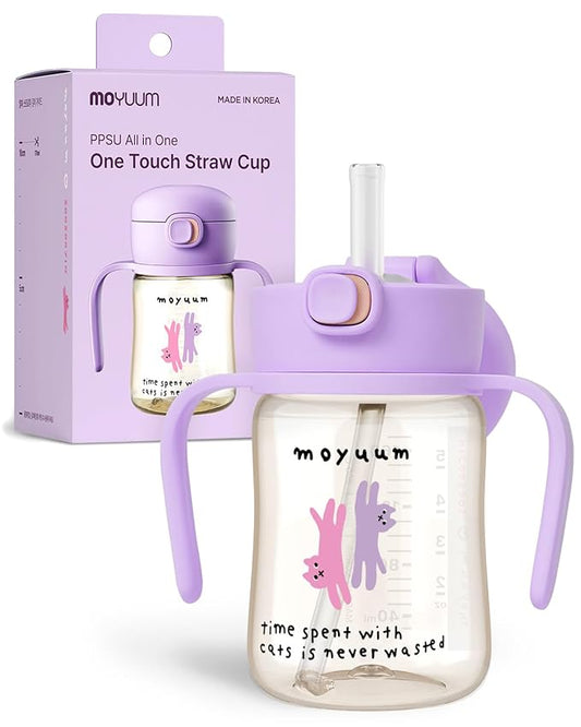 MOYUUM Leak Proof Sippy Cup with Handle | Made in Korea, 100% BPA Free PPSU, Magic No Spill Straw Cup with Attached Flip Top Lid, Easy to Hold for Babies and Toddlers, 6oz Purple