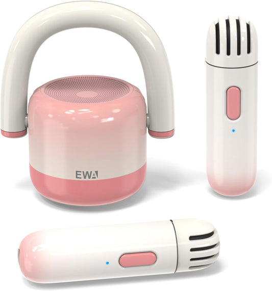 EWA Portable Mini Metal Karaoke Machine, Bluetooth Karaoke Speaker with 2 Wireless Microphones, Ideal Gifts for Girls Boys Family Home Party Birthday Christmas Toys Gifts-(Pink)