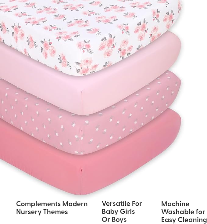 The Peanutshell 4-Pack Fitted Crib Sheet Set - Super Soft & Breathable Baby Girl Crib Sheets, Nursery Decor, Fit for Standard Mattress Cover- Floral