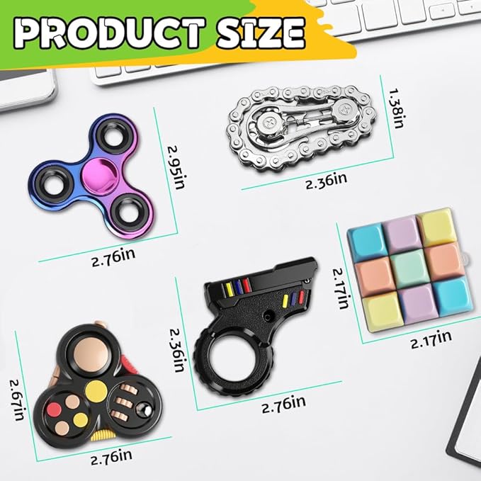 Fidget Toys Set for Adults, Sensory Pack with Fidget Slider, Fidget Cube, Spinner Toy, Keyboard Clicker Toy, Fidget Pad, Stress Relief Desk Gadget for Office, Birthday Gift Set