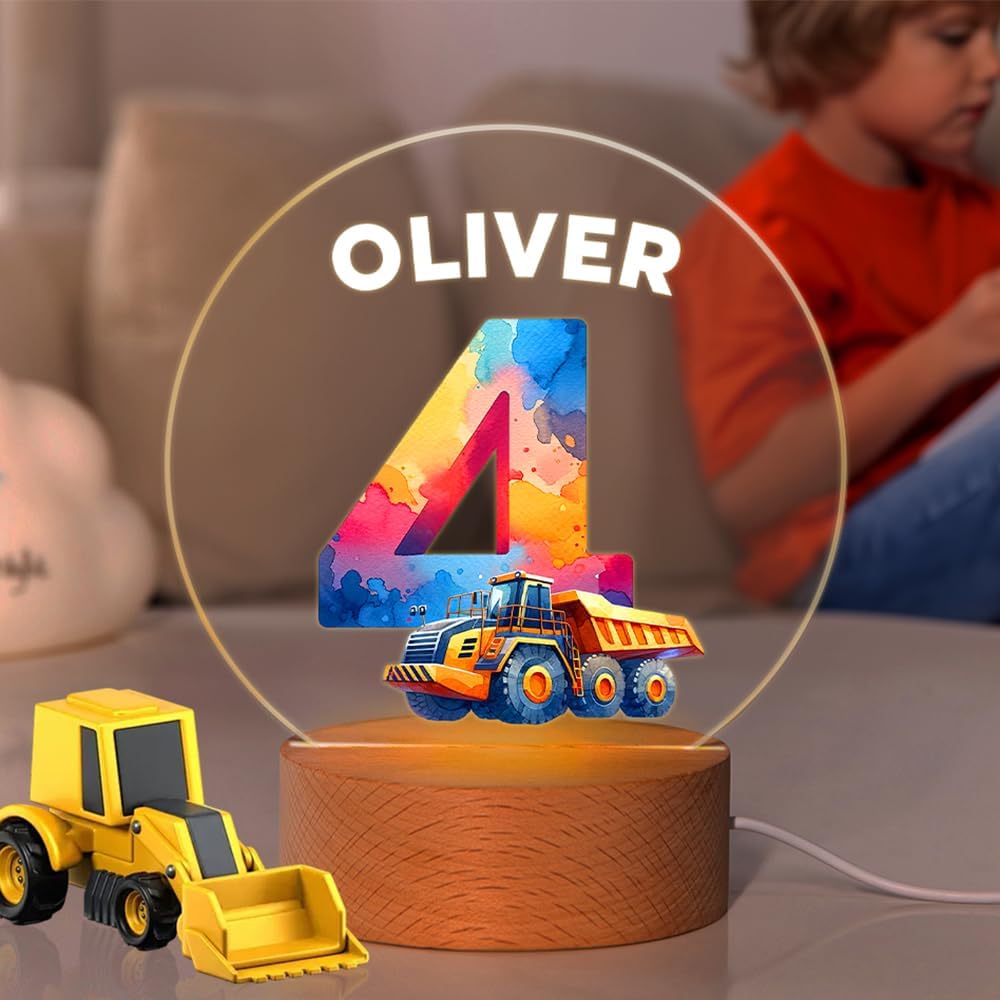 callie Acrylic Night Light Name Plate Personalized, Custom Cute Dinosaur Car with Wooden Base Bedroom Decor, Birthday Gifts Kid Gifts for Family (Cute Cartoon)