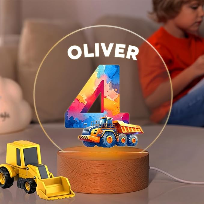 callie Acrylic Night Light Name Plate Personalized, Custom Cute Dinosaur Car with Wooden Base Bedroom Decor, Birthday Gifts Kid Gifts for Family (Cute Cartoon)