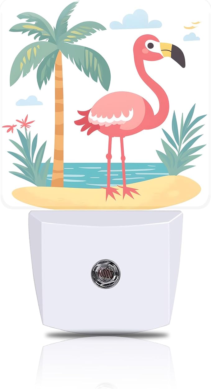 Flamingo on Tropical Island Night Light, Plug-in Nightlight with Dusk to Dawn Auto Sensor for Home Bedroom Hallway Kitchen 0.5W Sleep Friendly Led Lamp for Women Men