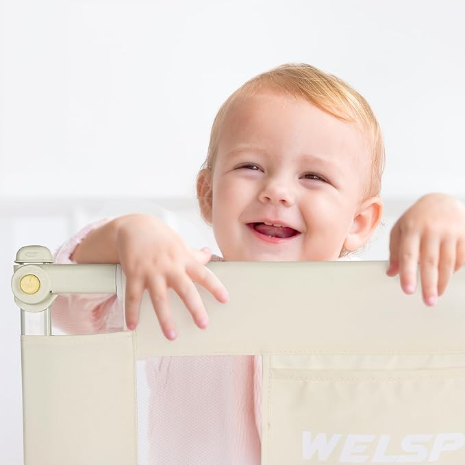 welspo 70 Inches Bed Rail for Toddlers Fold Down Safety Baby Bed Guard Swing Down Bedrail for Convertible Crib, Kids Twin, Double, Full Size Queen & King Mattress, Beige [Upgraded] (1 Pack)