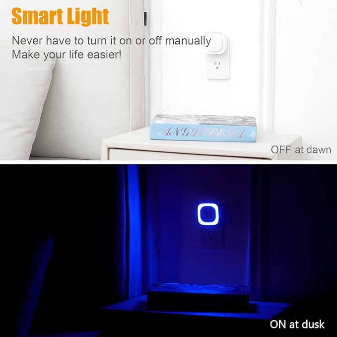 4 Pack Plug in Dimmable Night Light, Blue Nightlight, Auto Dusk to Dawn Sensor, LED Night Light, Soft Glow, Diffused Light for Bathroom, Hallway, Stairs, Kitchen, Bedroom