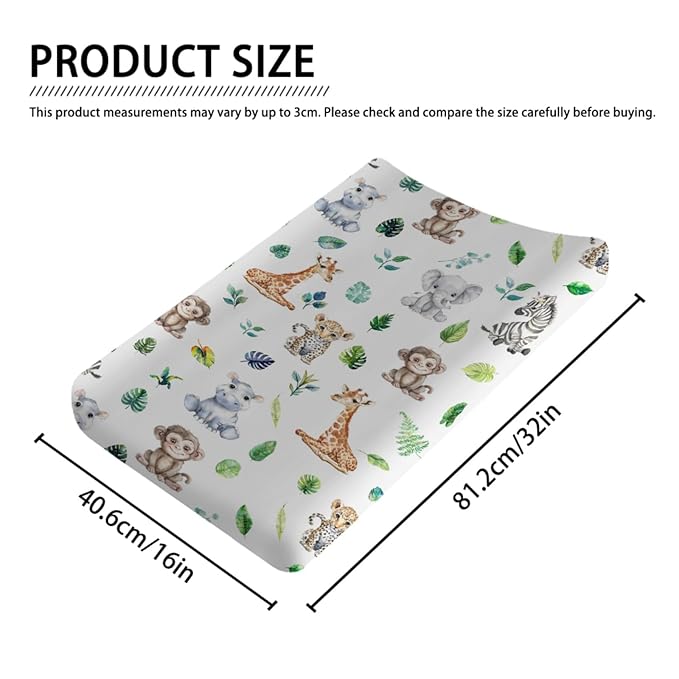 Jungle Safari Animals Tropical Leaves Changing Pad Covers Zoo Leopard Elephant Giraffe Zebra Hippo Monkey Baby Change Table Sheets for Boy Girl Soft Stretch Fitted Diaper Changing Pad Mats 32''x16''