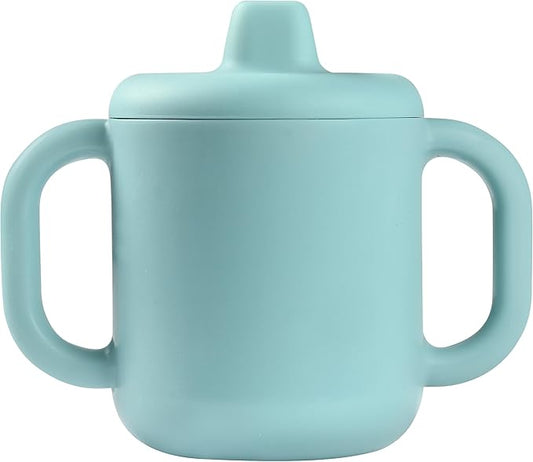 BEABA Silicone Training Cup, Soft Unbreakable Toddler Baby Sippy Cup, Leakproof Lid Ergonomic Wide Handles, 5.5 oz (Rain)