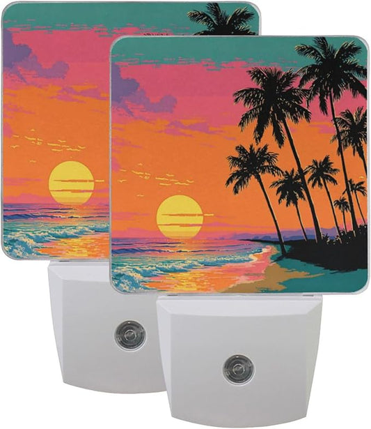 Aslsiy Night Light for Kids Palm Tree Beach Sunset (4) Plug in Wall Lamp LED Dusk to Dawn Sensor Energy Saving Nightlight for Boys Girls Men Women