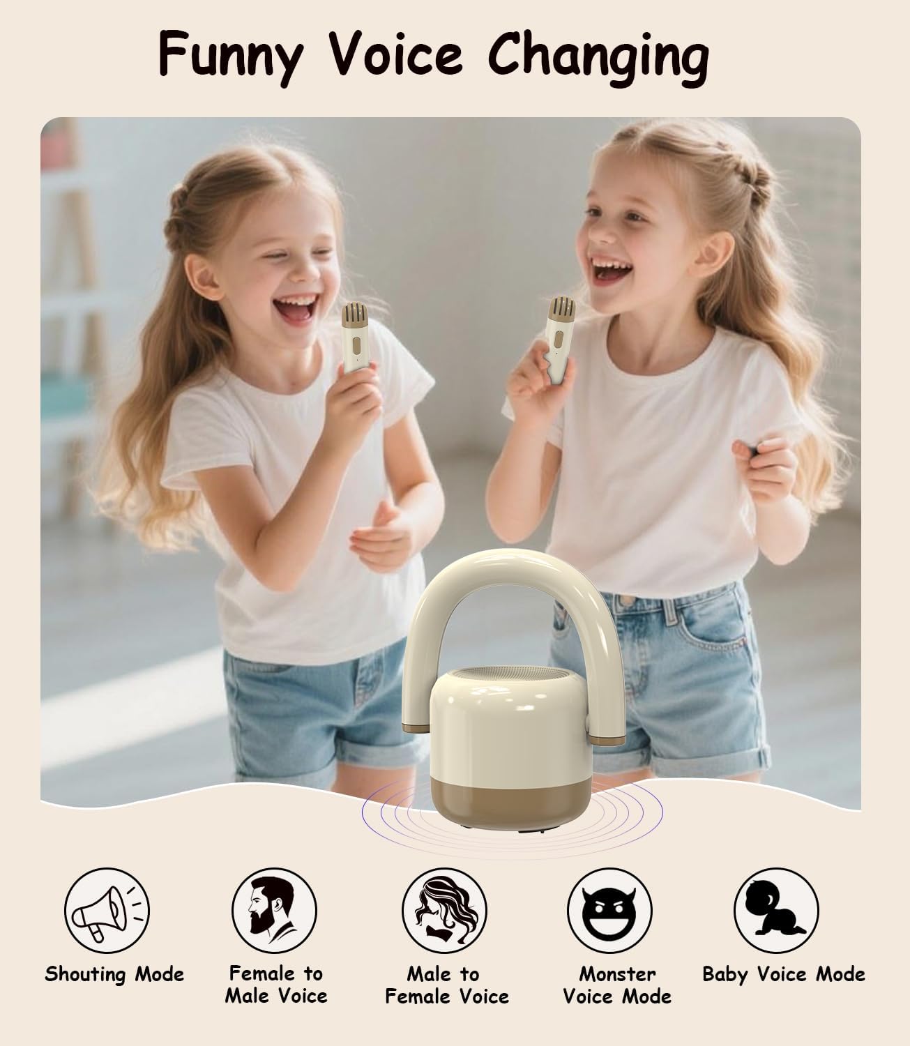 EWA Portable Mini Metal Karaoke Machine, Bluetooth Karaoke Speaker with 2 Wireless Microphones, Ideal Gifts for Girls Boys Family Home Party Birthday Christmas Toys Gifts-(Beige)