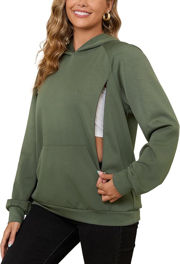 Bhome Nursing Sweatshirt Hoodie for Breastfeeding with Hidden Zippers Maternity Breast Pumping Tops Kangaroo Pocket
