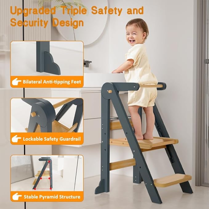 Toddler Tower, Foldable Step Stool for Toddlers, Toddler Kitchen Stool Helper with 3 Adjustable Height Safty Rail and Anti-Tip Structure, Learning Tower for Toddlers Kids Baby