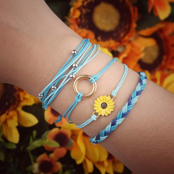 FANCY SHINY Sunflower String Bracelet Boho Braided Rope Wrap Bracelets Cute Summer Beach Surfer Jewelry for Women Christmas Gifts
