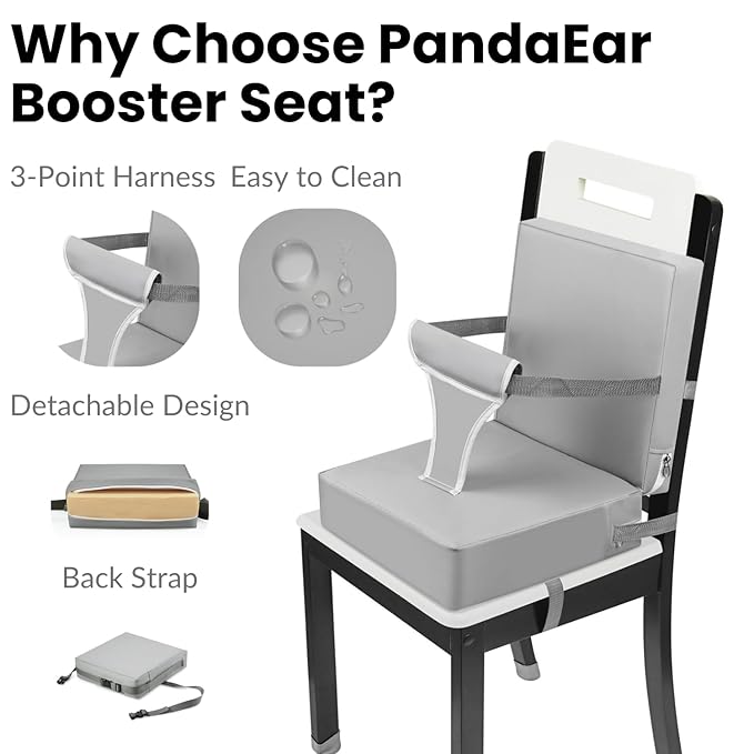 PandaEar Toddler Booster Seat for Dining Table, Portable Increasing Booster Cushion with Backrest & Adjustable Seat Belt for Kids Children, Non-Slip Bottom (Grey)