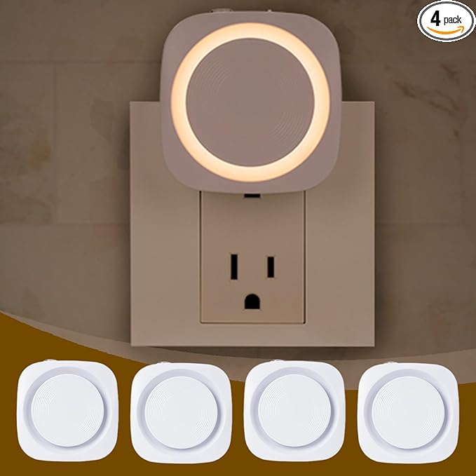 Warm White Night Lights Plug in to Wall,4 Packs Dimmable Night Light with Auto Dusk to Dawn Sensor,Soft Glow Night Light for Bathroom, Bedroom,Hallway, Stairs, Kitchen,Warm White