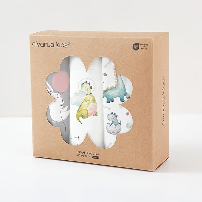 Nap Mat Sheet 47"x24", 3 Pack Dinosaur Baby Crib Sheets Fitted Elastic Corners, Preschool Day Care Rest Mat Cover, Soft Breathable - Compatible with Regalo My Cot, Joovy Travel Cot