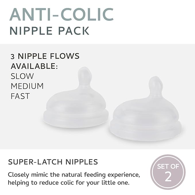 MILK & WATER Anti-Colic Nipples, Set of 2 - Medium Flow (3+ Months) Super Latch Nipple Pack - Mimics Natural Feeding for Easy Transition from Breast to Bottle - BPA-Free, Soft Silicone
