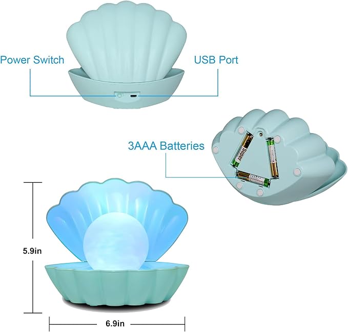Shell Pearl Beach Themed Night Light, RGB 8 Colors Changing Mood Shell Pearl Lamps, Bedside LED Clamshell Portable Night Lights for Bar (Green)