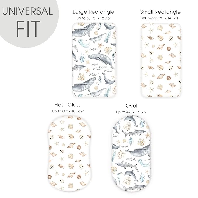 GRSSDER Stretchy Ultra Soft Fitted Bassinet Sheets Set 2 Pack, Cradle Sheet Universal Fit for Rectangle, Oval, or Hourglass Bassinet Pad/Mattress Safe and Snug, Stylish Cute Whale Sea Worl for Baby