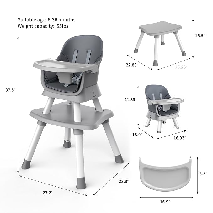 7 in 1 High Chair, Convertible High Chairs for Babies and Toddlers, Infant Dining Booster Seat, Table and Seat Set, Removable Tray, Gray