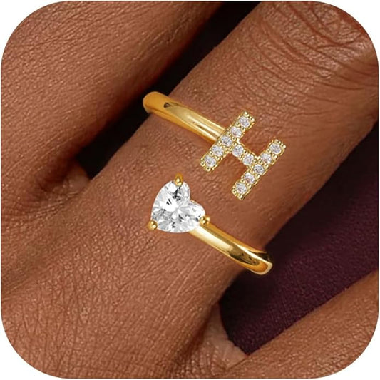 Initial Gold Rings for Girls Women - Dainty 14K Gold Plated Adjustable Letter A-Z Rings Teen Girls Gifts Trendy Stuff Heart CZ Initial Ring Teens Birthday Gift for Girls Non Tarnish