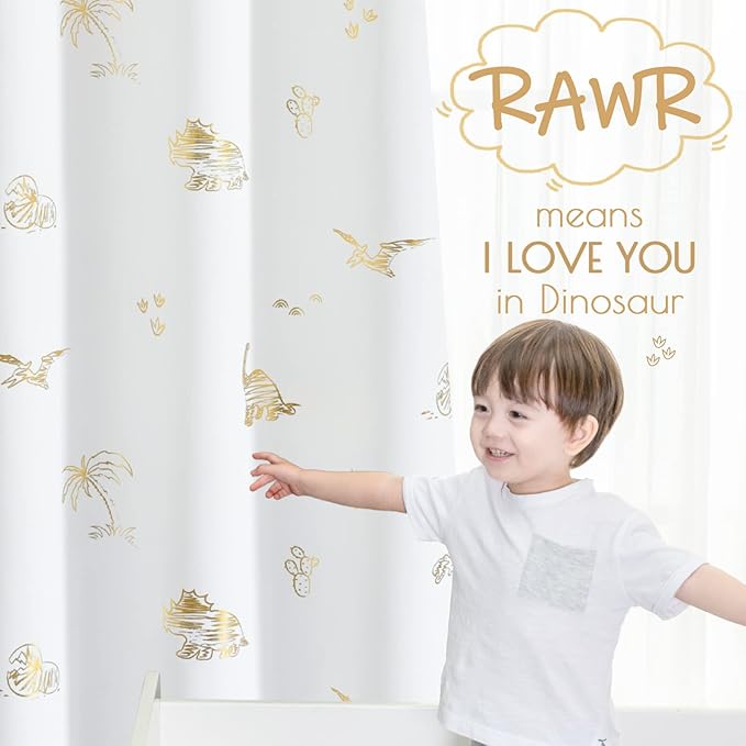Vangao Kids Curtains White Drapes Dinosaur Curtains for Boys Kids Nursery Girls Room Golden Dino Foil Print Light Filtering Grommet Top Window Drapes 84 Inches Length 2 Panels