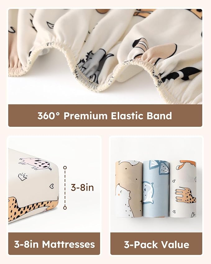Baby Crib Sheets for Boys Girls, 28x52x8in Fitted Crib Sheet Neutral 3 Pack for Standard Crib and Toddler Mattress, Breathable Soft Microfiber Baby Sheet Blue & Apricot Bear