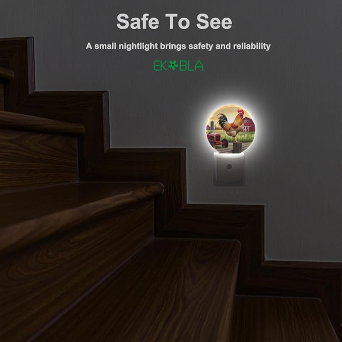 EKOBLA Rooster Night Lights Plug into Wall Rustic Cock Standing on The Fence Farm Animal Led Night Light for Boys Girls Room, Dusk to Dawn Sensor Nightlight for Stairway Hallway Kitchen