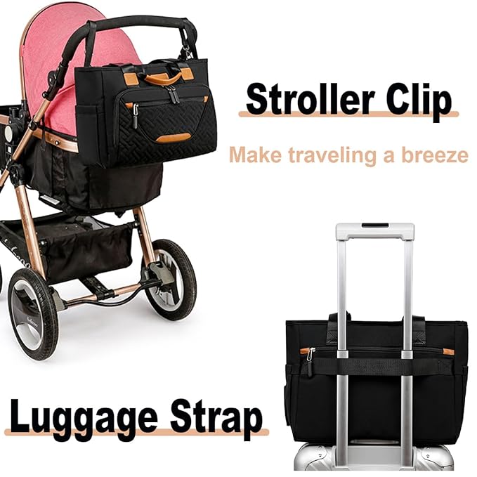 Diaper Tote Bag, 4 in 1 Tote Diaper Bag with 16" Laptop Compartment, Baby Bag with 3 Insulated Pocket for Mam and Dad, Ideal for Travel, Work (Black)