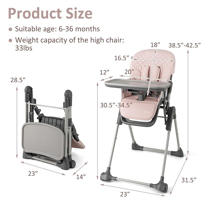 INFANS Baby High Chair, Convertible Quick Folding Portable Highchair for Babies and Toddlers with Adjustable Height Backrest Footrest 2 Wheels Removable Tray, Easy to Clean PU Seat (Pink)