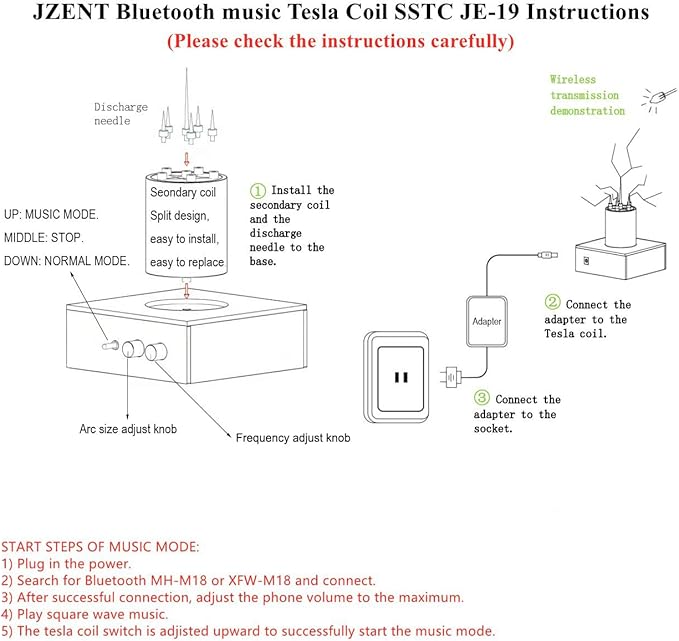 JZENT Bluetooth Music Tesla Coil SSTC Desktop Toy Plasma Loudspeaker Arc Generator Wireless Transmission Teaching Demonstration Experiment Model for boys JE-19