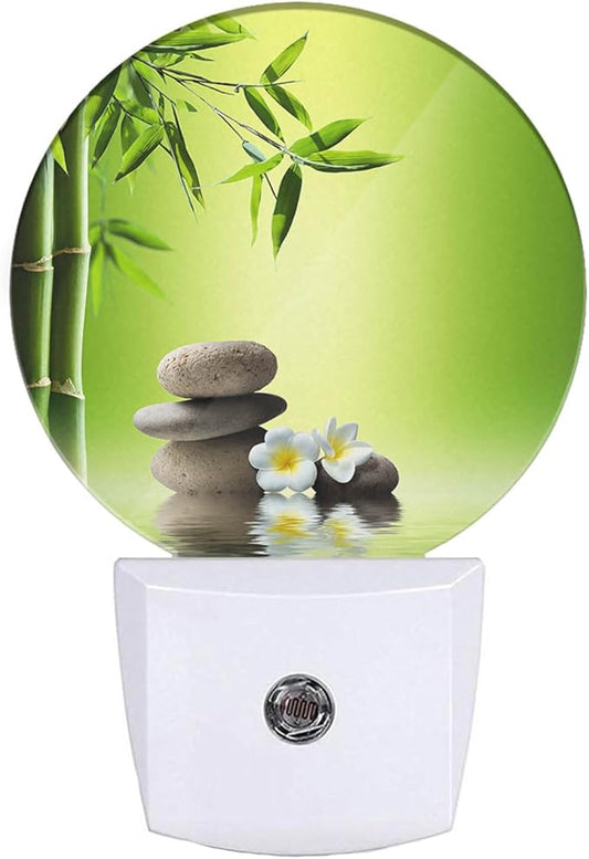 EKOBLA Meditation Night Light Bamboo Zen Stones Oriental Spa Peaceful Night Lights Plug into Wall Auto on/Off LED Round Lamp for Men Women Home Living Room Bathroom
