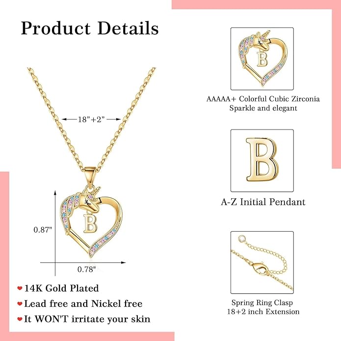 Hidepoo Unicorn Necklace Gifts for Girls - 14K-Gold-Plated Colorful CZ Heart Necklace Girls Jewelry Initial Unicorn Necklaces for Girl Birthday Gifts