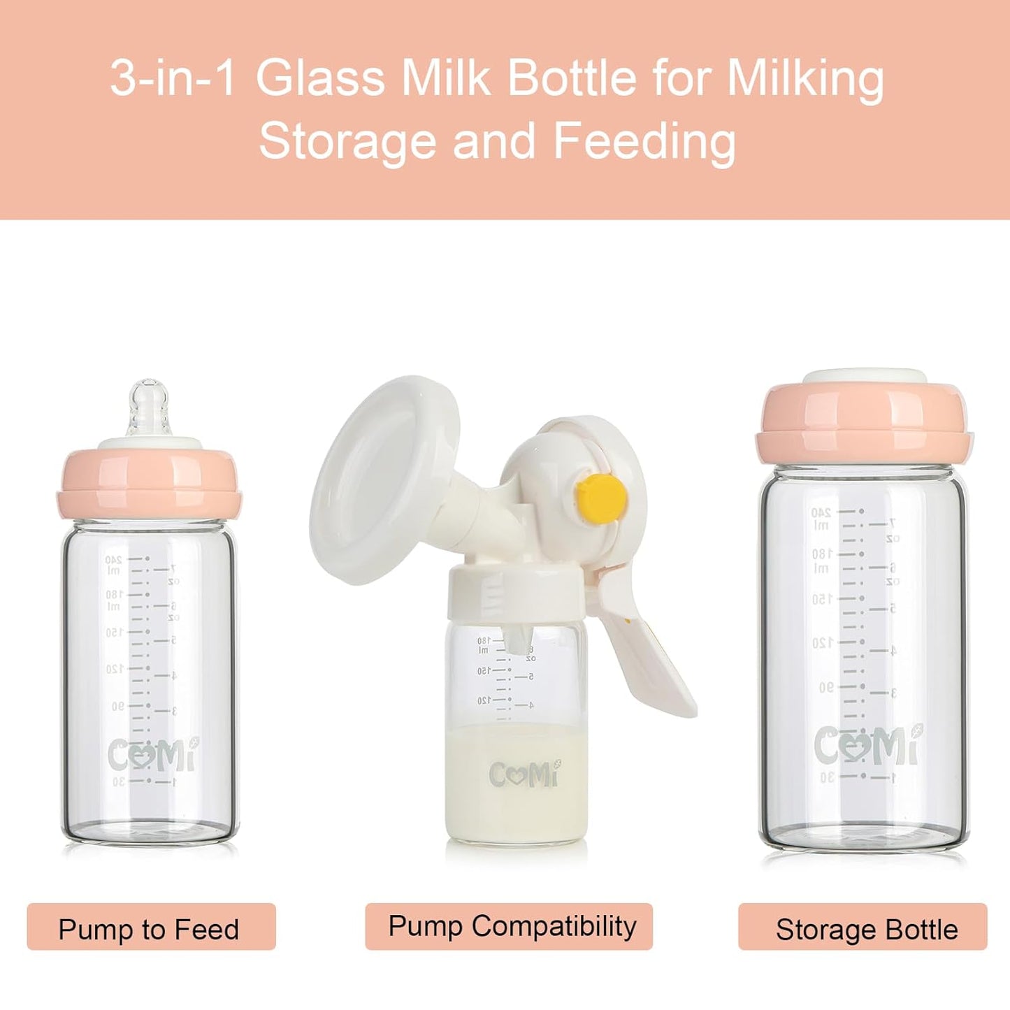 COMI Wide Neck Glass Breastmilk Collection n Storage Bottle, 8oz with Screw Ring Sealing Disk; Re-markable Sealing Disc. BPA Free, Fits Breast Pumps & Nipples (4 Pink Lids)