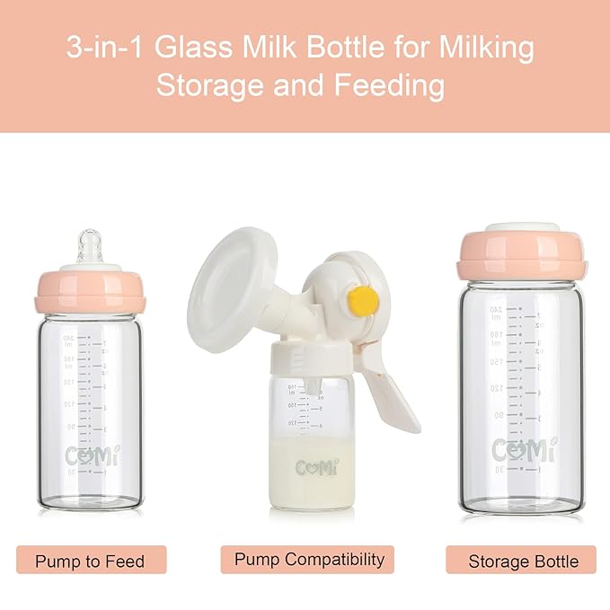 COMI Wide Neck Glass Breastmilk Collection n Storage Bottle, 8oz with Screw Ring Sealing Disk; Re-markable Sealing Disc. BPA Free, Fits Breast Pumps & Nipples (6 Pink Lids)