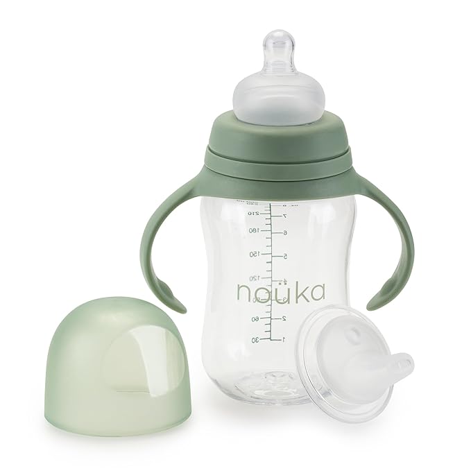 noüka Transitional Baby Bottle/Sippy Cup | Non Spill | Easy Grip Double Handles | Dishwasher Friendly | Moss | Size 8 Oz