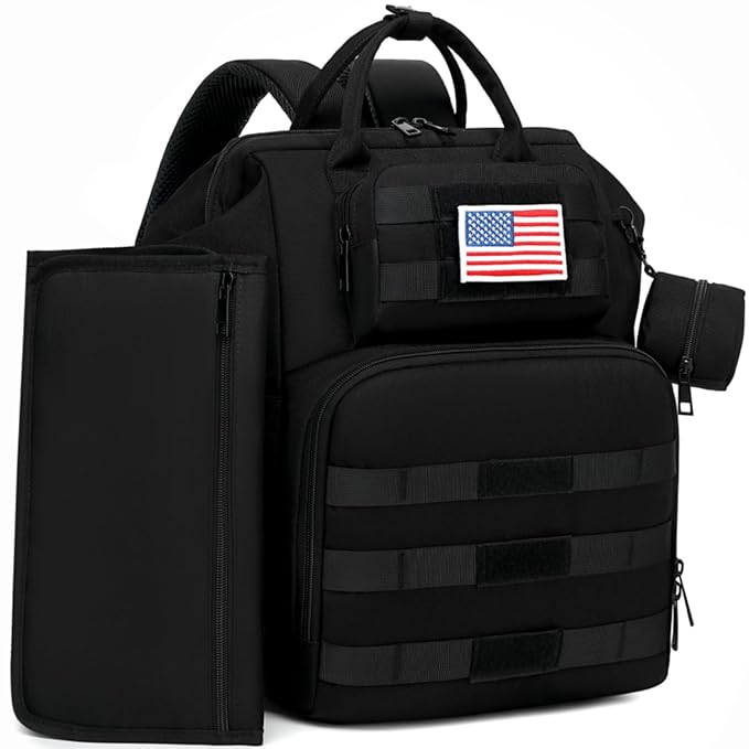 Diaper Bag Backpack for Dad and Men, Large Travel Baby Bag with Changing Pad, Pacifier Case, Removable Flag Patch - Baby Shower Gifts - Shadow Black