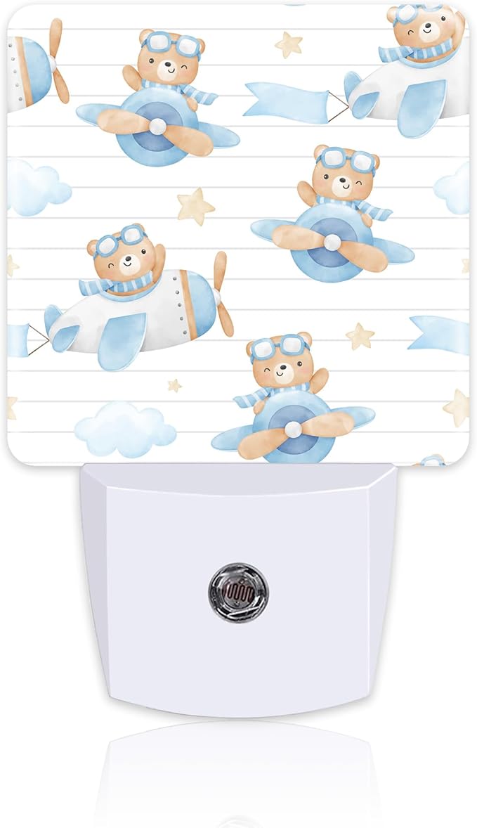 Cute Adventure Bear in Airplane Night Light, Cartoon Animal Dusk to Dawn Night Light Plug in,0.5w Energy Saving Sleep Friendly NightLight for Kids Boys Girls Home Decor